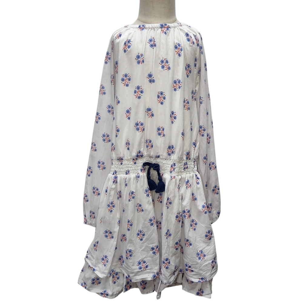 Mini Boden girl 9-10 year dress white floral smocked waist long sleeve